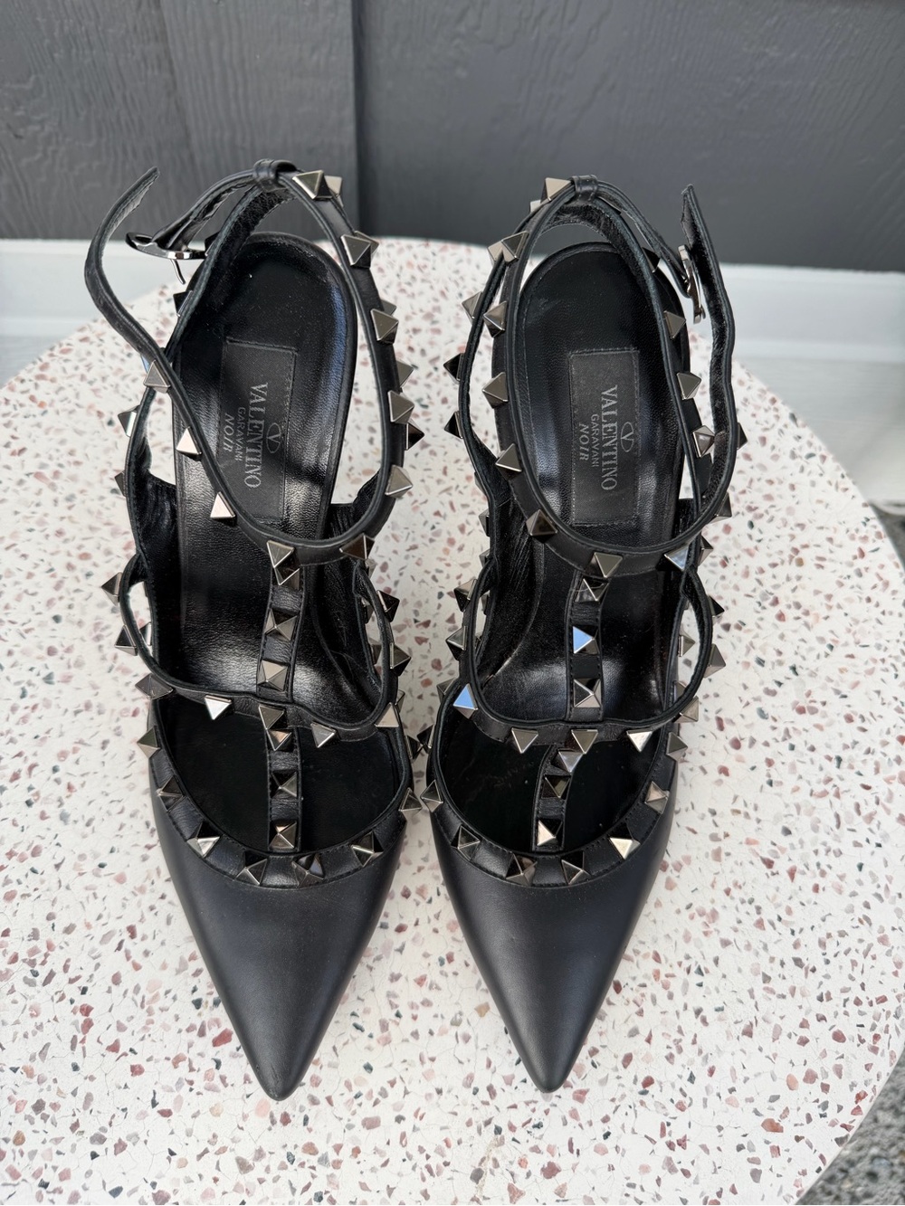 Valentino Garavani Black Pointed Leather Rockstud Slingback Heels